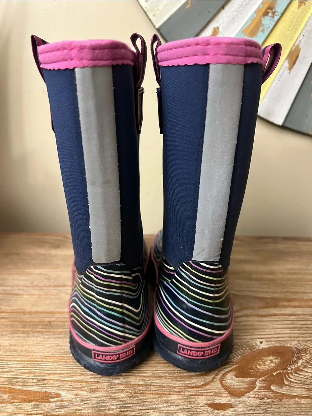 Lands’ End Girls - Kids Rainbow Stripe Waterproof Navy Pink Rain Boots Size 13
